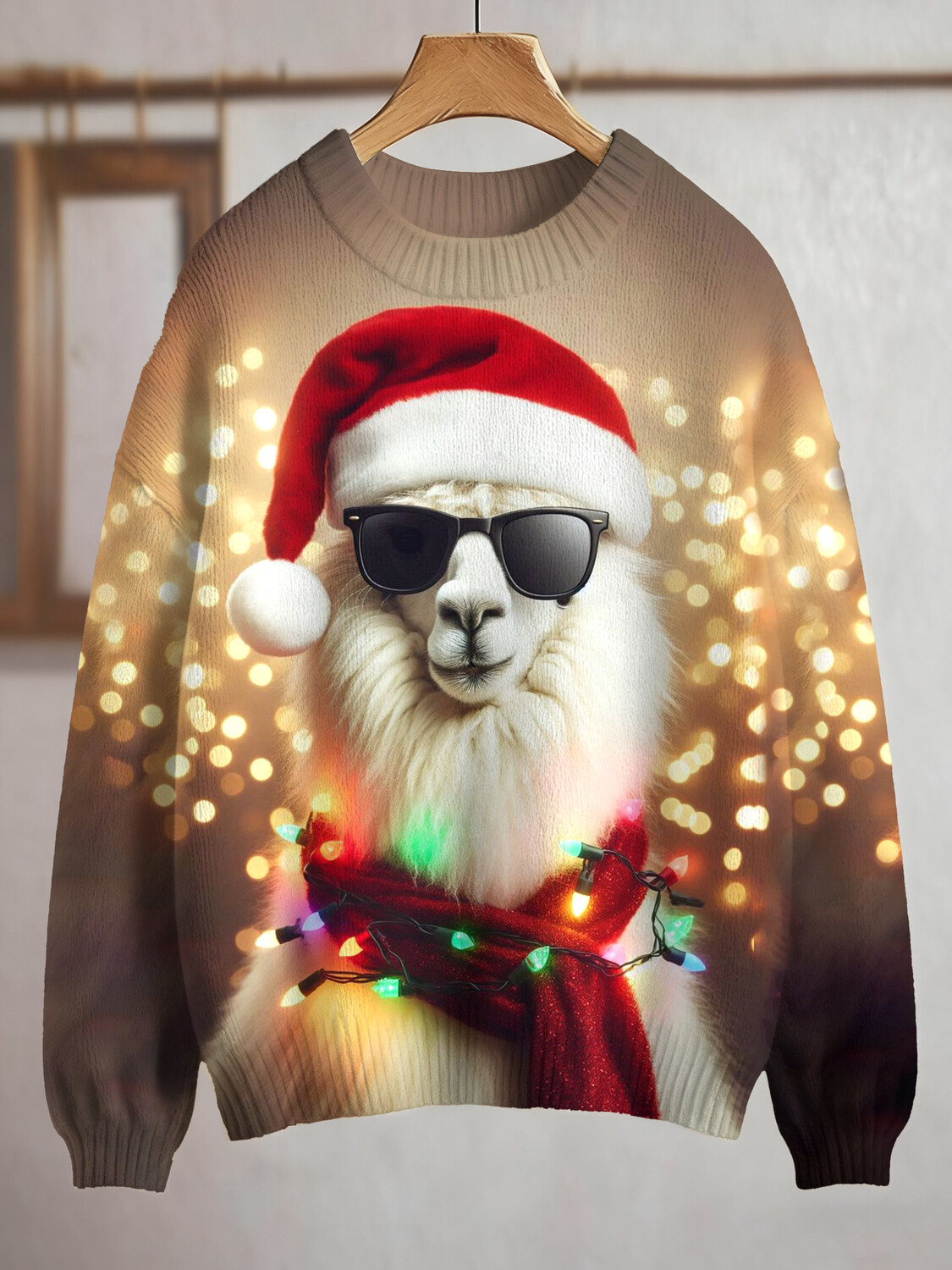 Men's Christmas Cool Alpaca Art Print Knit Sweatshirt