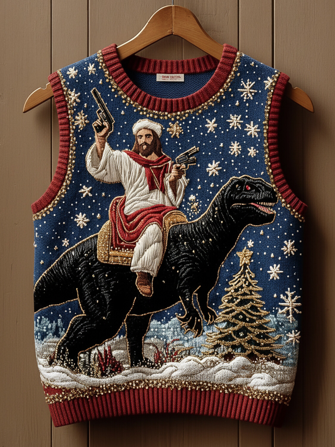 Men's Christmas Snow Landscape Jesus Dinosaur Print Knit Vest