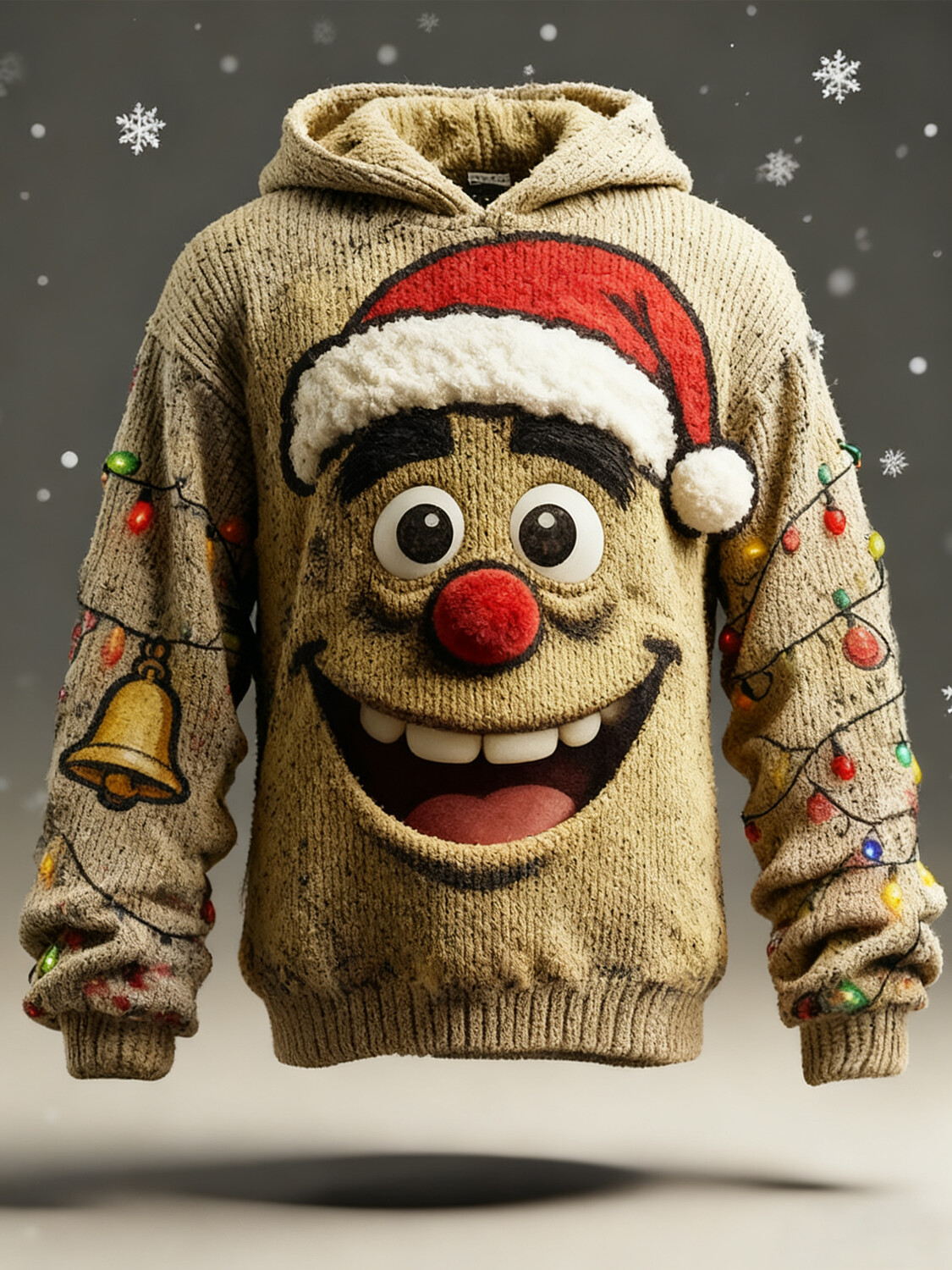 Men's Christmas Potato Head Santa Hat Lights Print Knit Hoodie