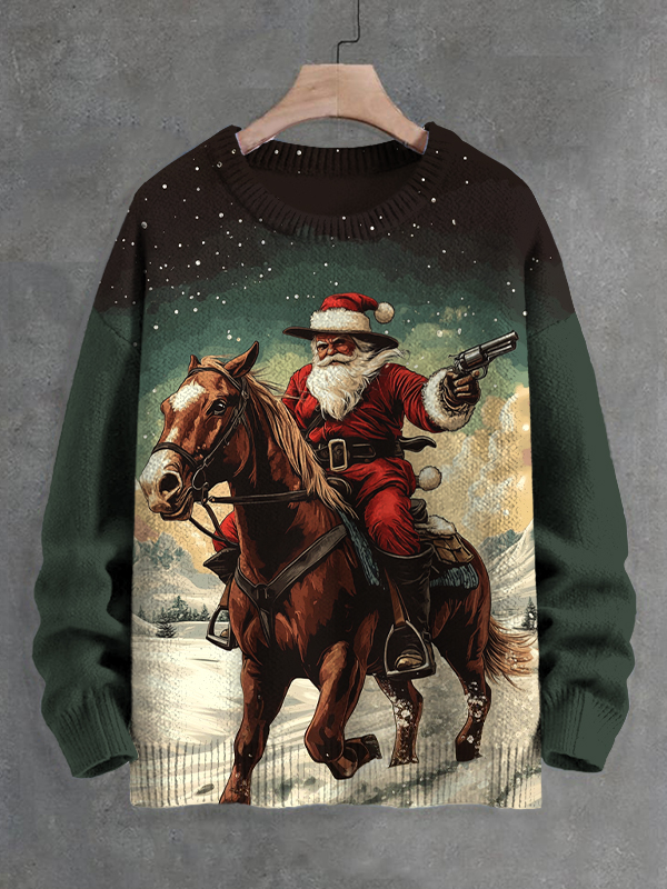 Men's Christmas Western Cowboy Santa Print Knit Sweatshirt