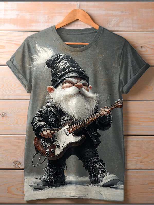 Women's Punk Rock Gnome Playing Electric Guitar Print Casual T-Shirt