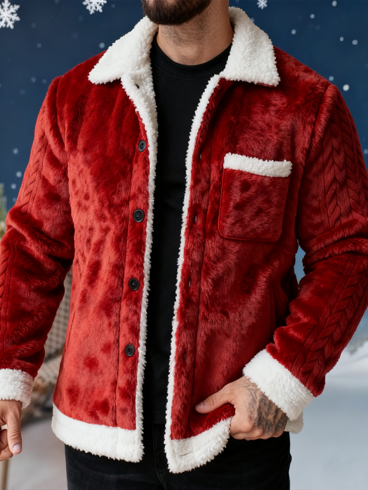 Men's Christmas Embossed Cable Pattern Flannel Long Sleeve Shirt