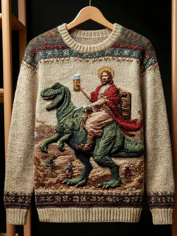 Men's Jesus Riding A Dinosaur And Drinking Beer Print Knit Sweatshirt