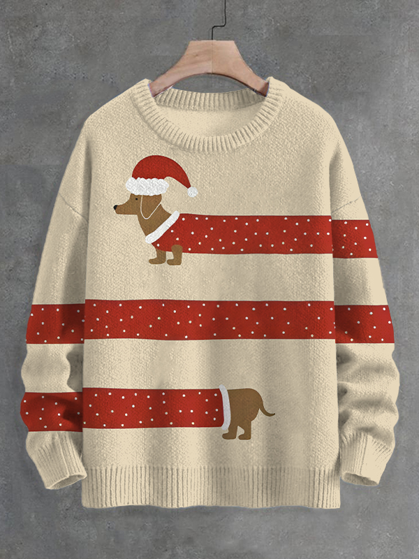 Men's Funny Dachshund With Christmas Suit Art Print Knit Sweatshirt