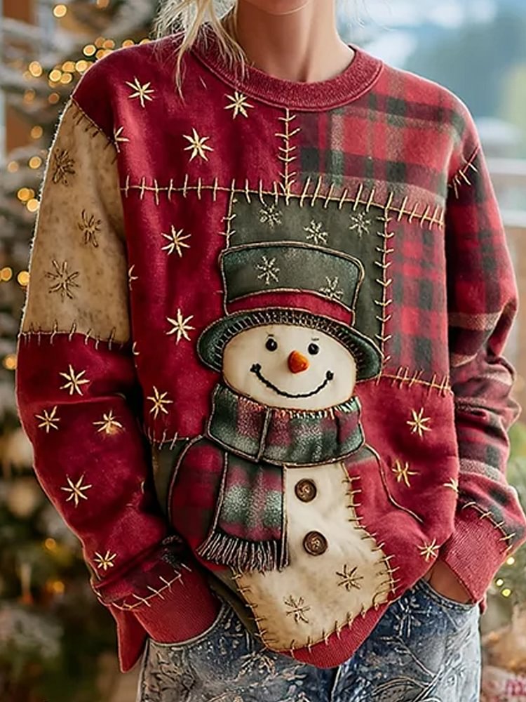 Women's Patchwork Snowman Star Print Christmas Sweatshirt
