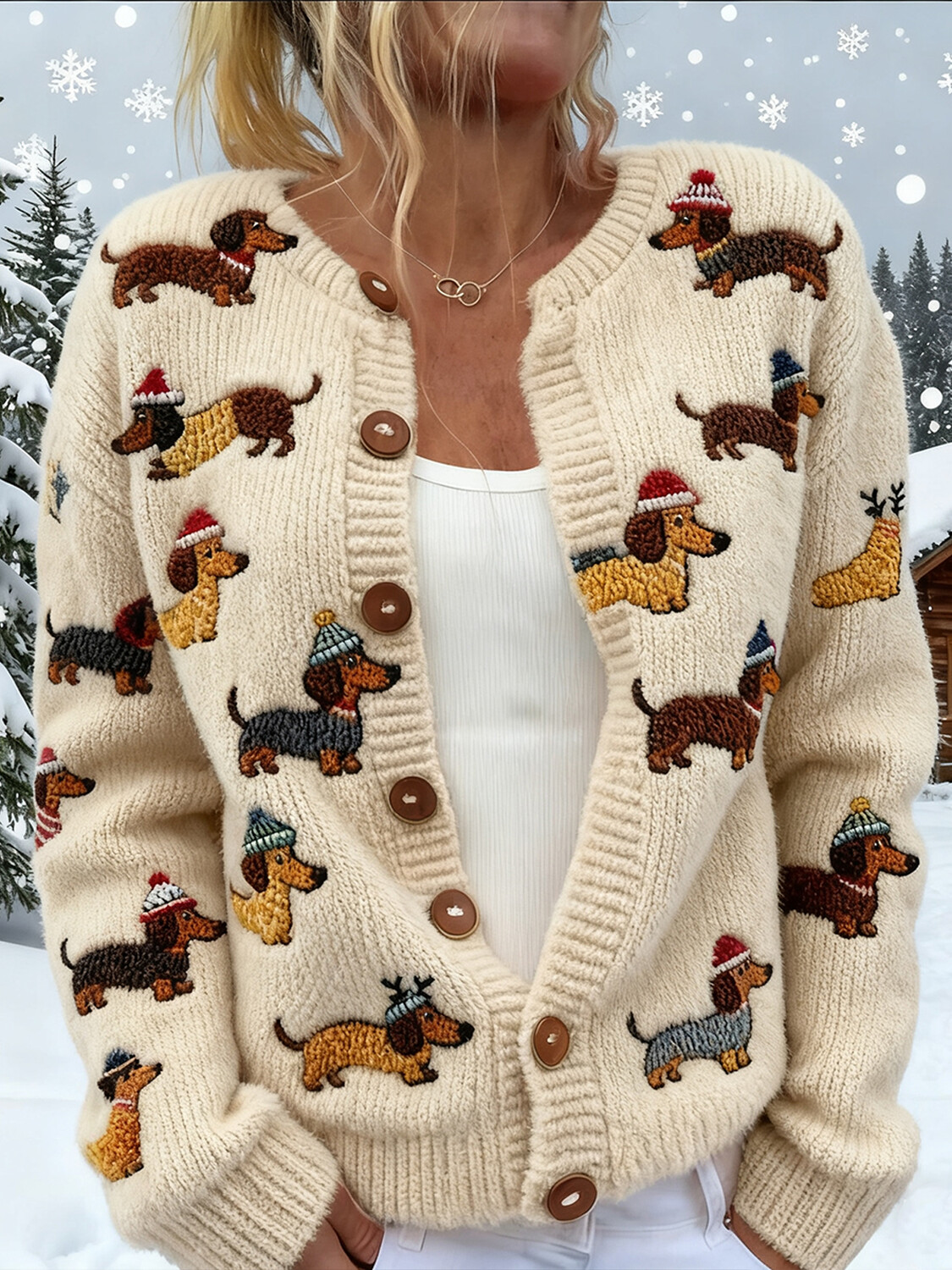 Women's Christmas Dachshund Graphic Print Knit Cardigan