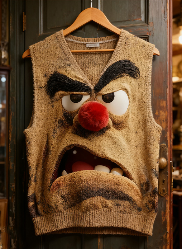 Men'S  3D Angry Cartoon Face And Colorful String Lights  Print V Neck Knit Vest