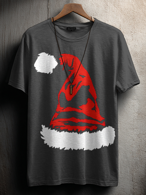Men's Mysterious Santa Hat Print Cotton Casual T-Shirt