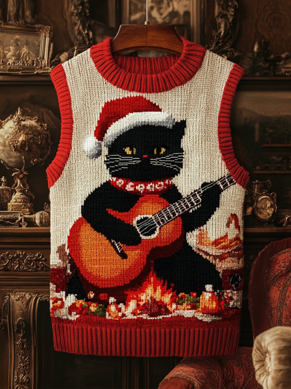 Men's Christmas Cat Playing Guitar Print Knit Vest