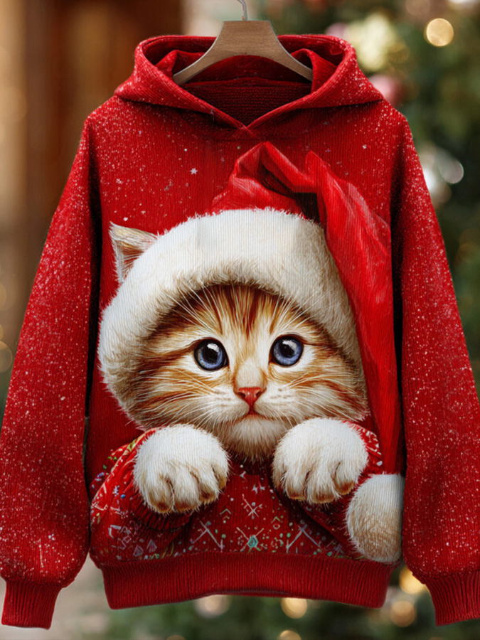 Men's Christmas Cat Art Print Casual Hoodie