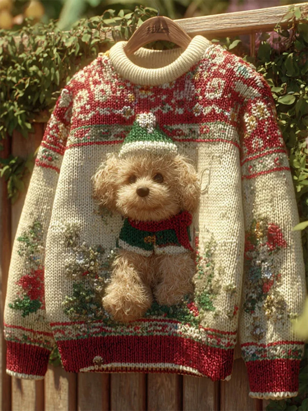 Women's Christmas Fluffy Dog Print Knit Sweatshirt