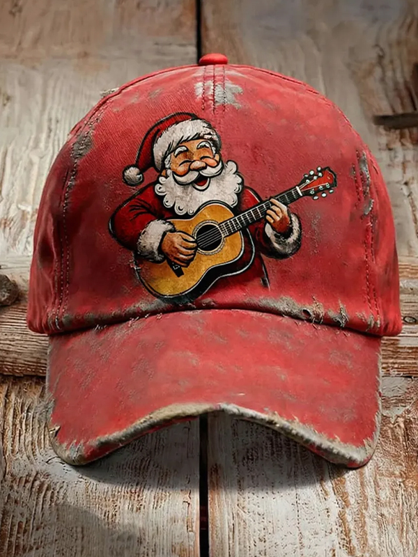 Men's Santa Claus Plays Guitar At Christmas Graphic Print Hats