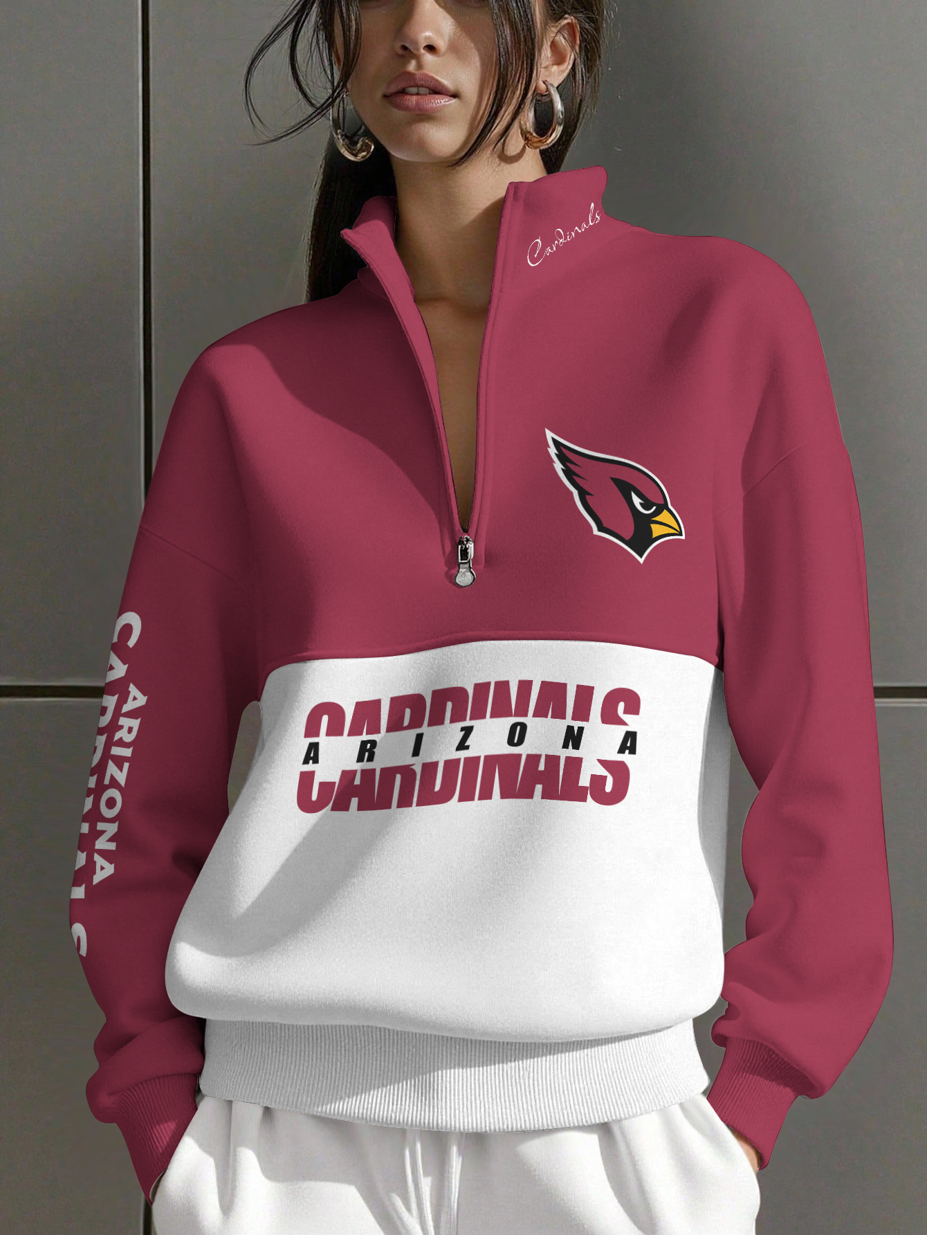 Arizona Cardinals  Women Plain Color Zip Up Long Sleeve Sweatshirt