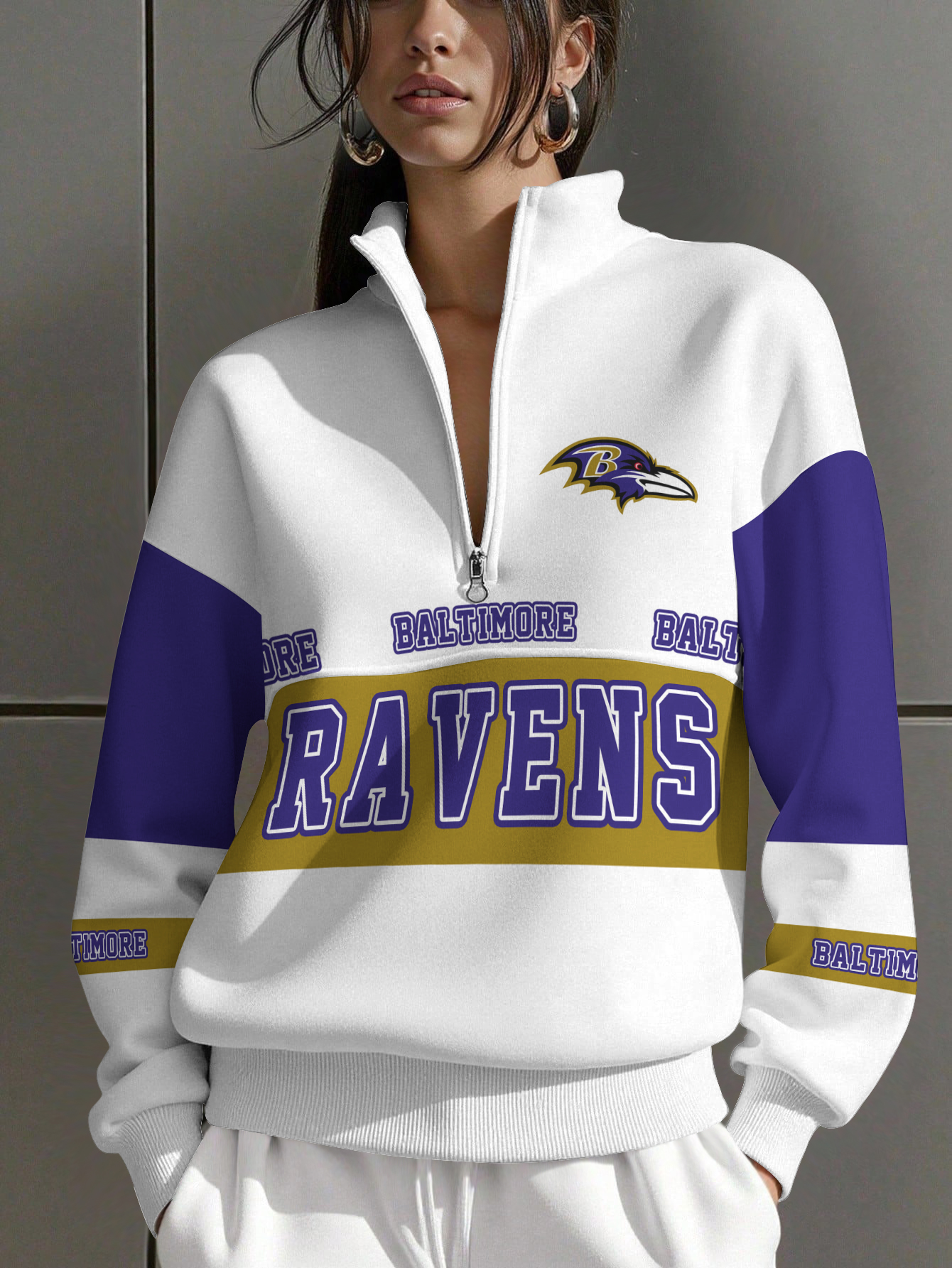 Baltimore Ravens  Women Plain Color Zip Up Long Sleeve Sweatshirt