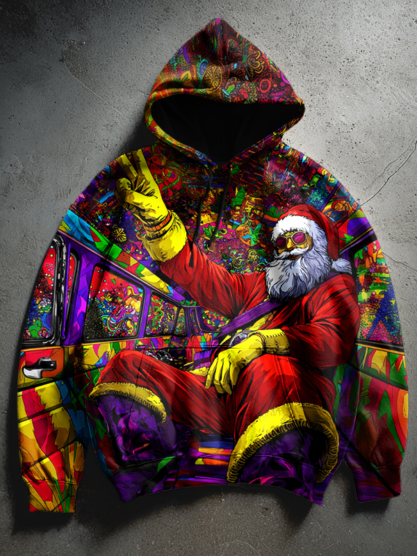 Men's Psychedelic Art Santa Claus Hippie Bus Art Print Christmas Hoodie