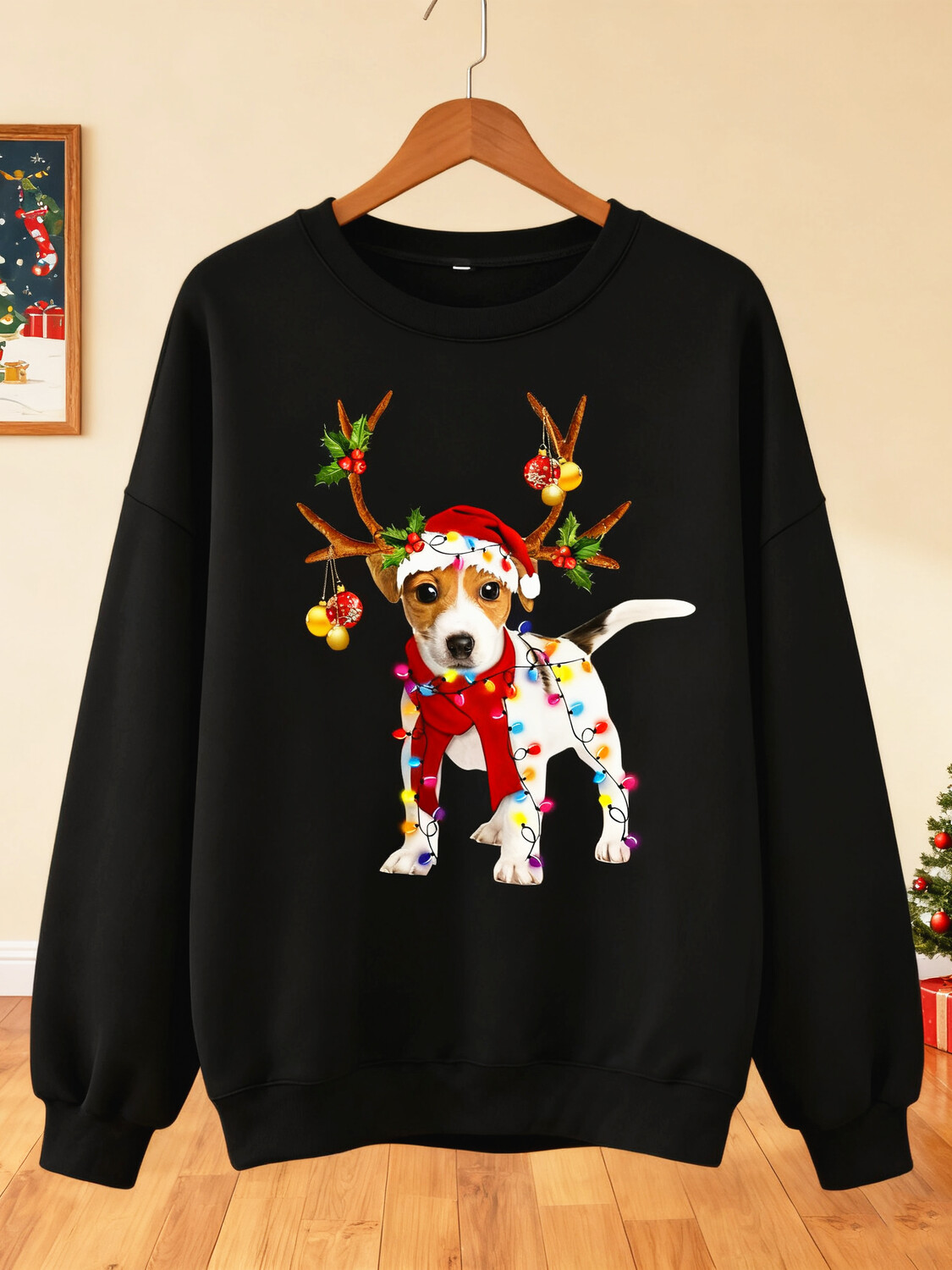 Women's Christmas Lights Balls Holly Dog Print Cotton Long Sleeve T-Shirt Thin Sweatshirt