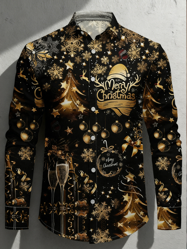 Men's Merry Christmas Champagne Santa Hat Pattern Print Long Sleeve Shirt
