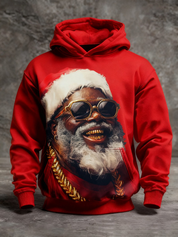 Men's Black Santa Hiphop Print Christmas Hoodie