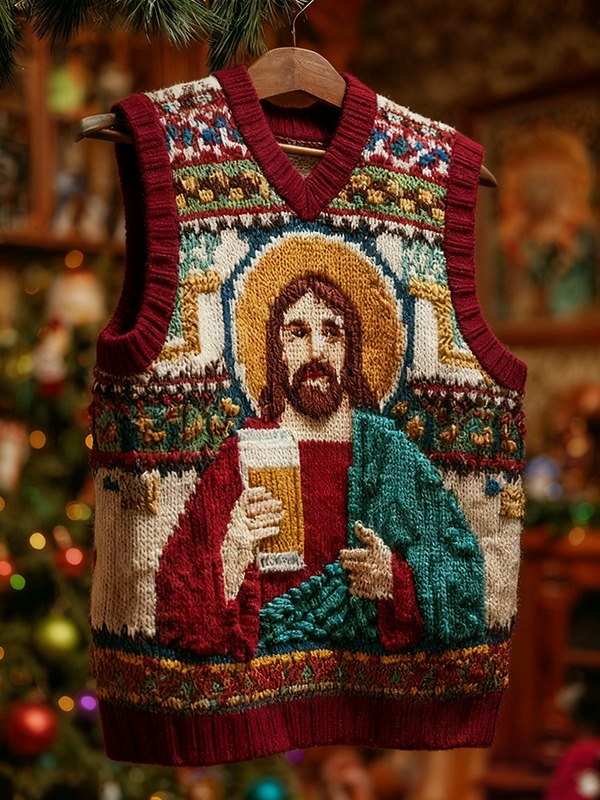 Men's Christmas Vibes Jesus Drinks Beer Print V Neck Knit Vest