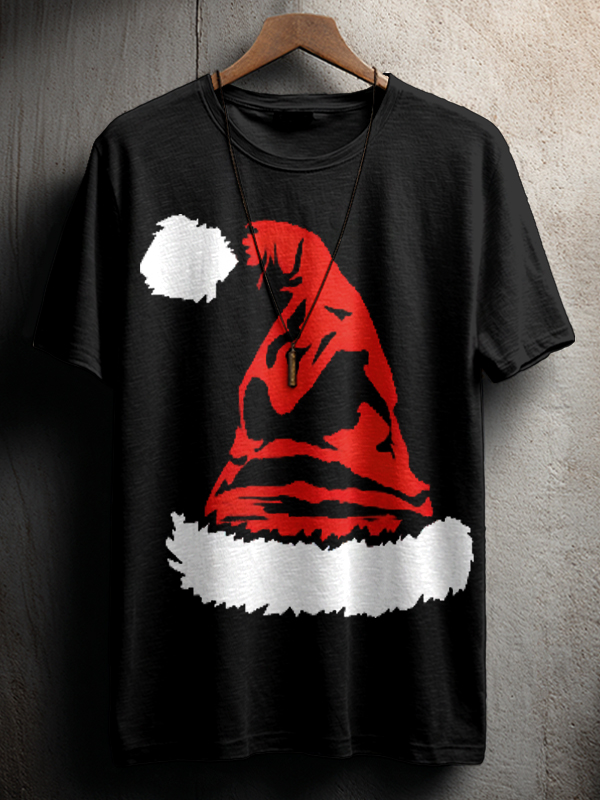 Men's Mysterious Santa Hat Print Cotton Casual T-Shirt