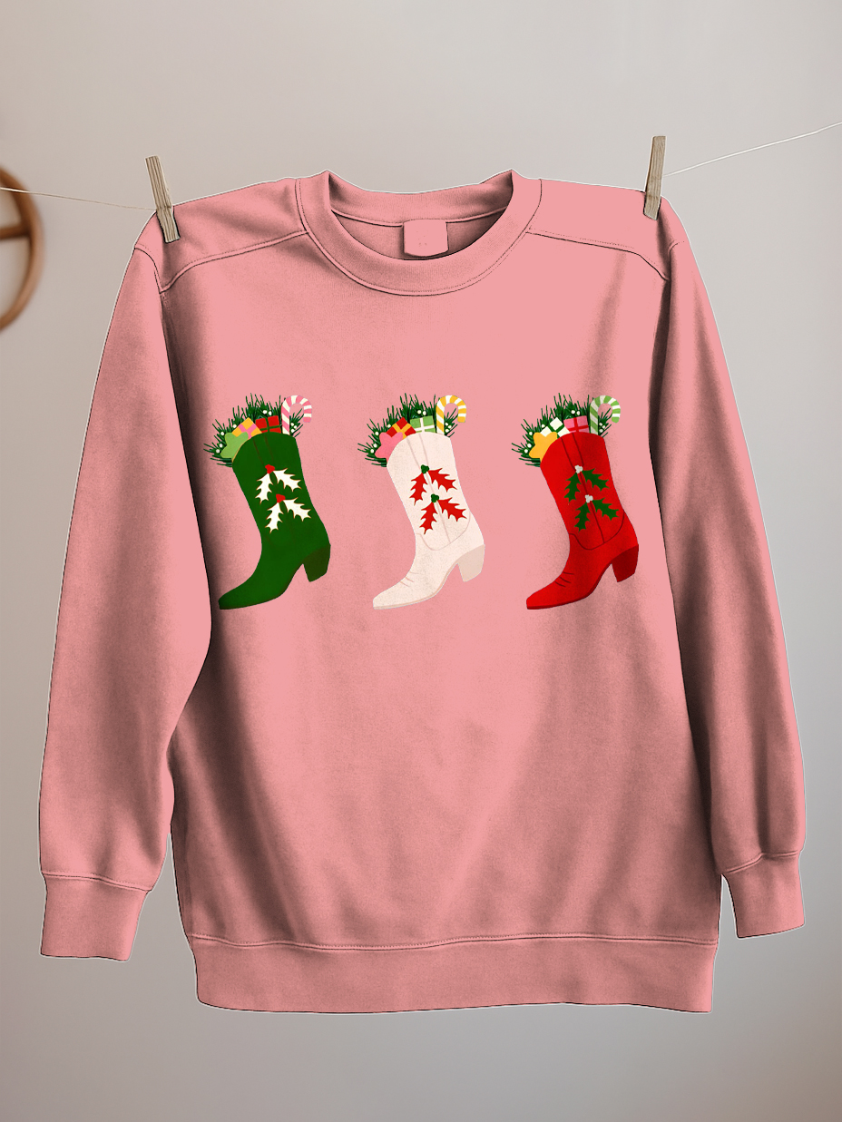 Women's Christmas Boots Graphic Print Cotton Long Sleeve T-Shirt Thin Sweatshirt