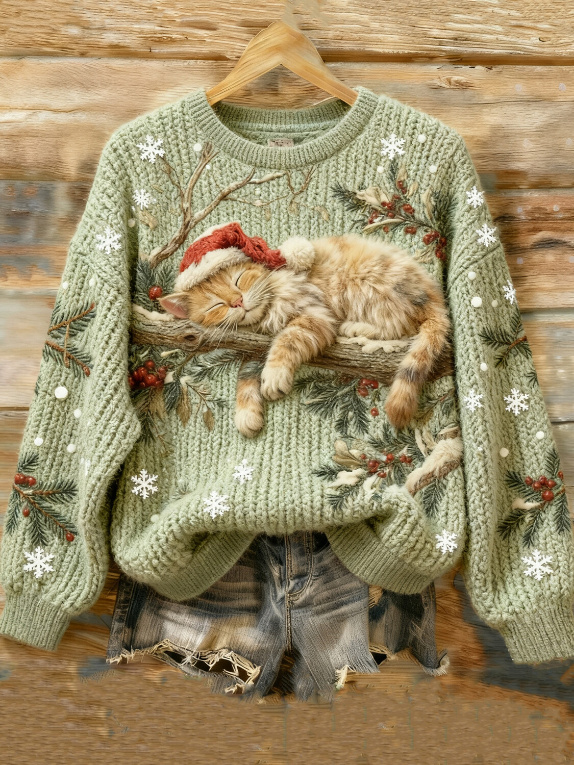 Women's Christmas Sleeping Cat In Santa Hat Floral Print Knit Sweatshirt