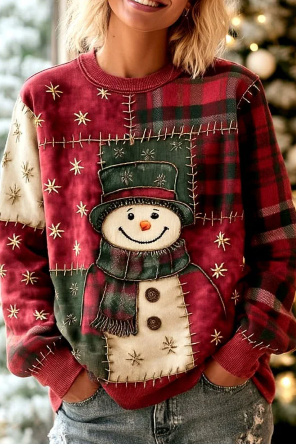 Women's Christmas Plaid Snowman Patchwork Art Print Casual Sweatshirt