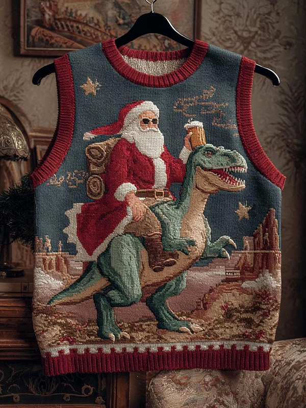 Men's Christmas Santa Claus Riding A Dinosaur And Drinking Beer Print V Neck Knit Vest