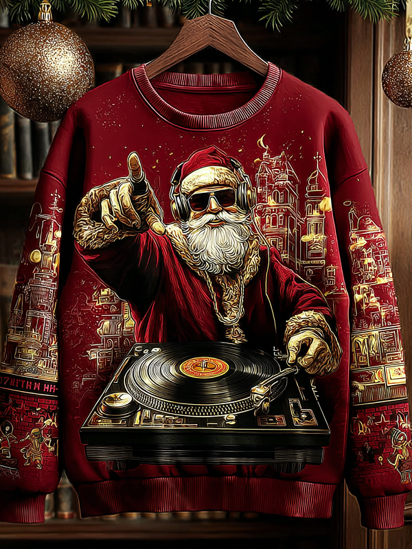 Men's Hip Hop Santa DJ Christmas Print Casual Sweatshirt