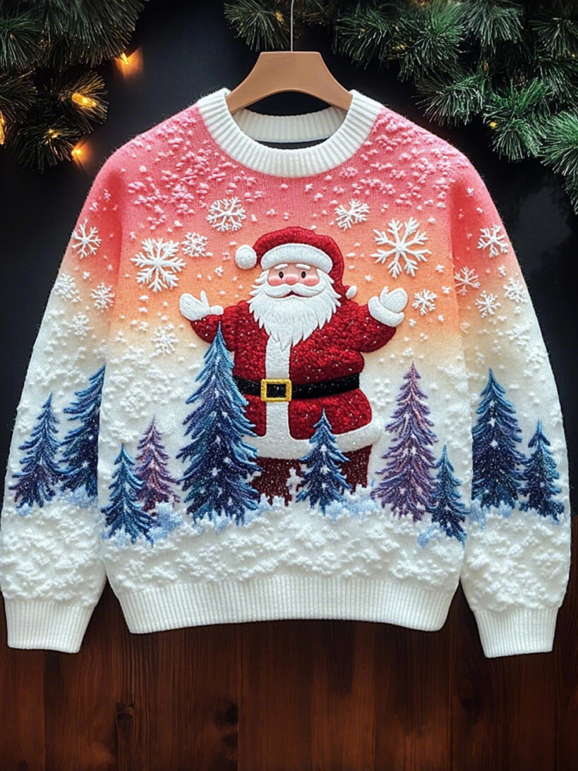 Women's Christmas Winter Cartoon Santa Claus Snowflakes Cedar Colorblock Art Print Knit Sweatshirt