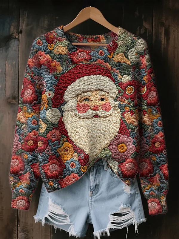 Women'S Santa Claus Flowers Art Print Knit Sweatshirt