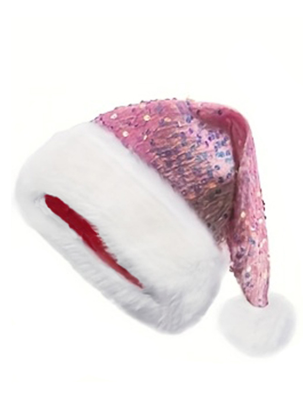 Christmas Sequin Faux Fur Trim Pom-Pom Santa Hat