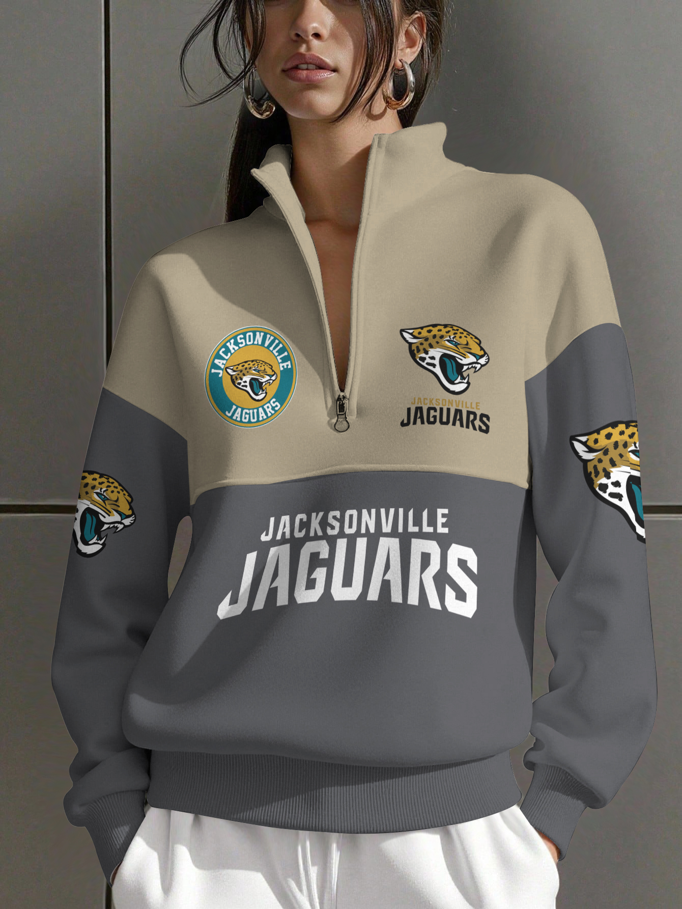 Jacksonville Jaguars  Women Plain Color Zip Up Long Sleeve Sweatshirt