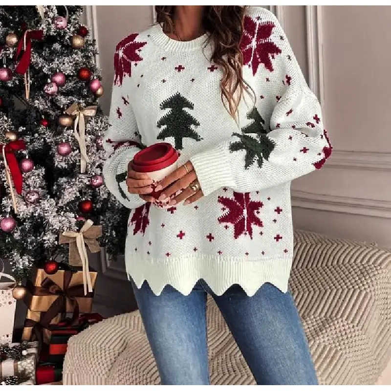 Women's Christmas Tree Print Scallop Trim Drop Shoulder Sweater Pullover