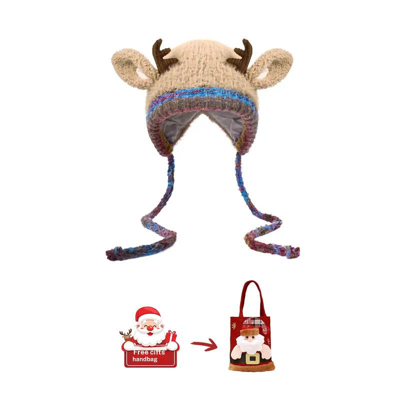 Original design Festive Christmas Antler Hat (It can be used as a handbag,A hat has multiple uses. )Knitted Ear Protection Windproof Warm Hat Suitable for the family It can be worn by adults and children, without limiting the circumference of the hea