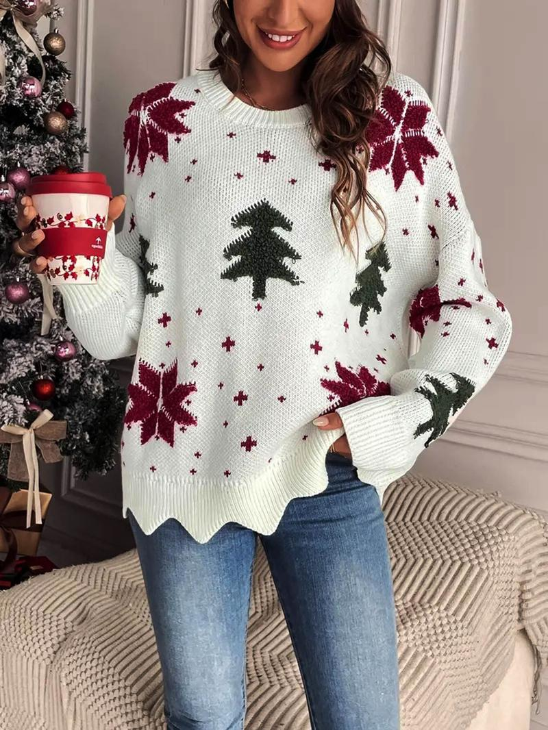 Women's Christmas Tree Print Scallop Trim Drop Shoulder Sweater Pullover