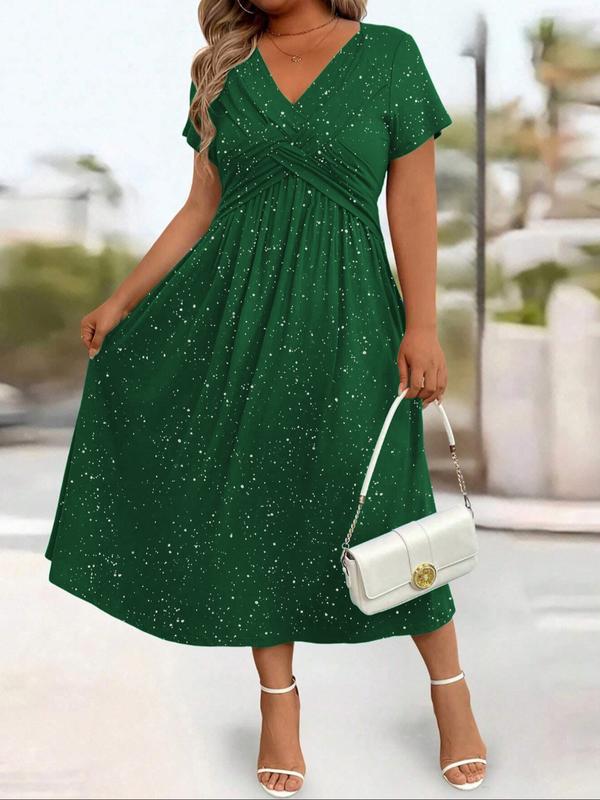 Women's Plus Size Elegant Sequined Knot Belted V-Neck Dress, Sparkling Party Gown with Pockets, Stylish Casual Wear