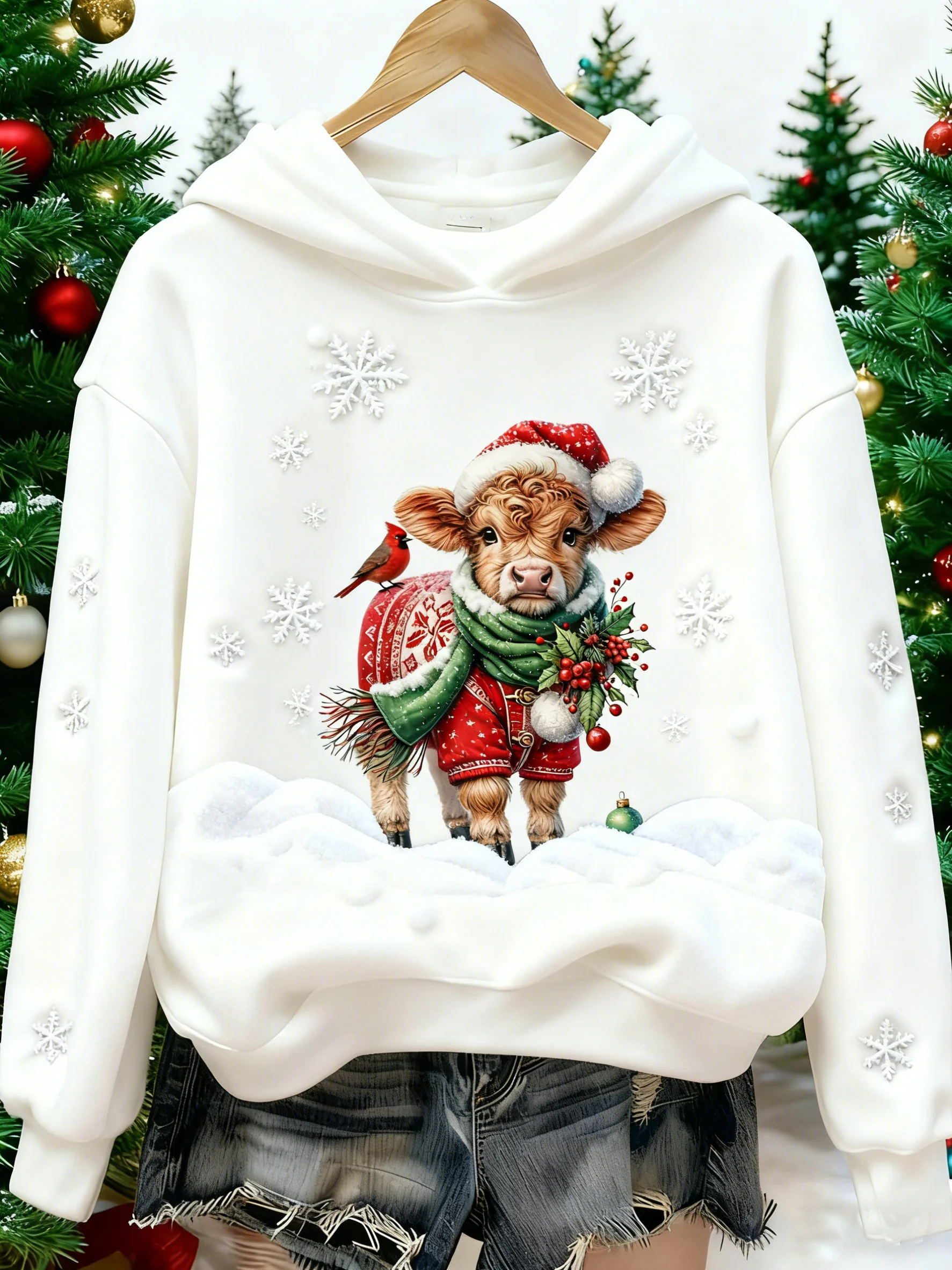 ❤️Buy 3 Get 12% OFF❤️Women's Christmas Highland Cattle Northern Cardinal Print Thick Lined Hoodie