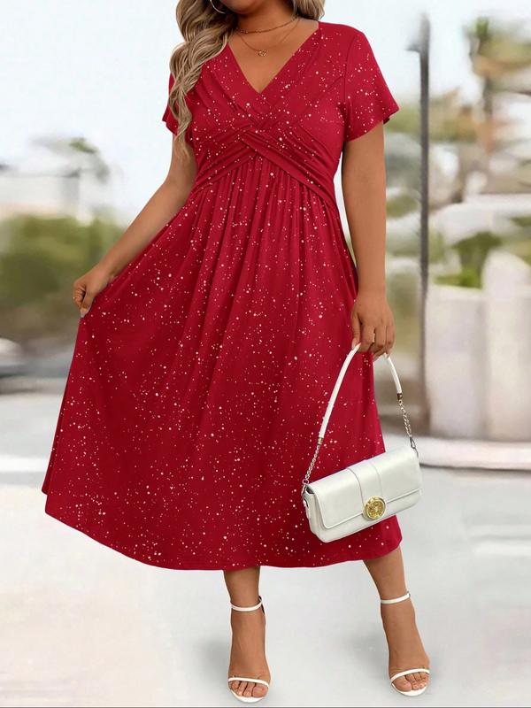 Women's Plus Size Elegant Sequined Knot Belted V-Neck Dress, Sparkling Party Gown with Pockets, Stylish Casual Wear