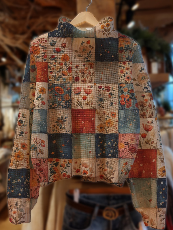 Women's Color Block Plaid Flowers Print High Neck Knit Sweatshirt