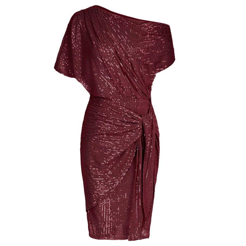 Women Sequined Party Dress, Christmas Dress, Halloween Party Short Sleeve Asymmetric Off Shoulder Bodycon Dress