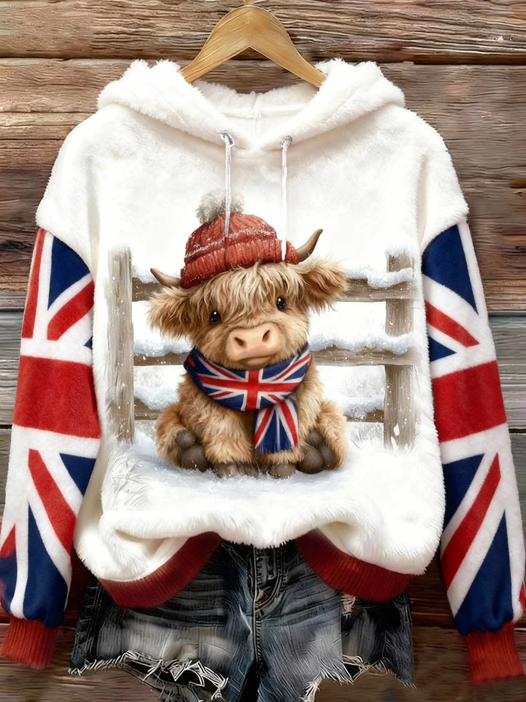 ❤️Buy 3 Get 12% OFF❤️Women'S  U.K. Highland Cattle Print Plush Warm Hooded