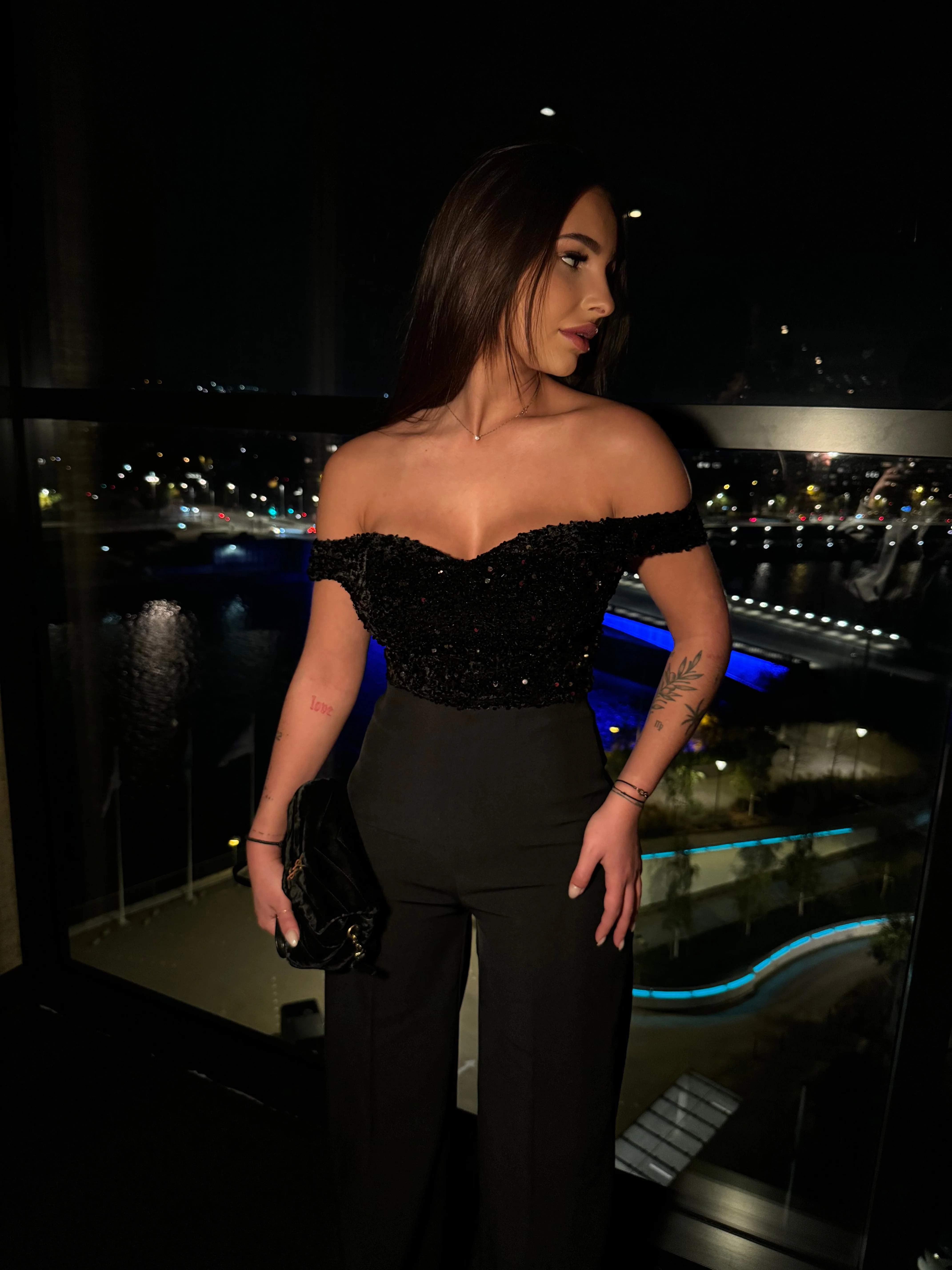 Elegant Sparkle: Off-Shoulder Sequin Top & High-Waisted Trousers Set
