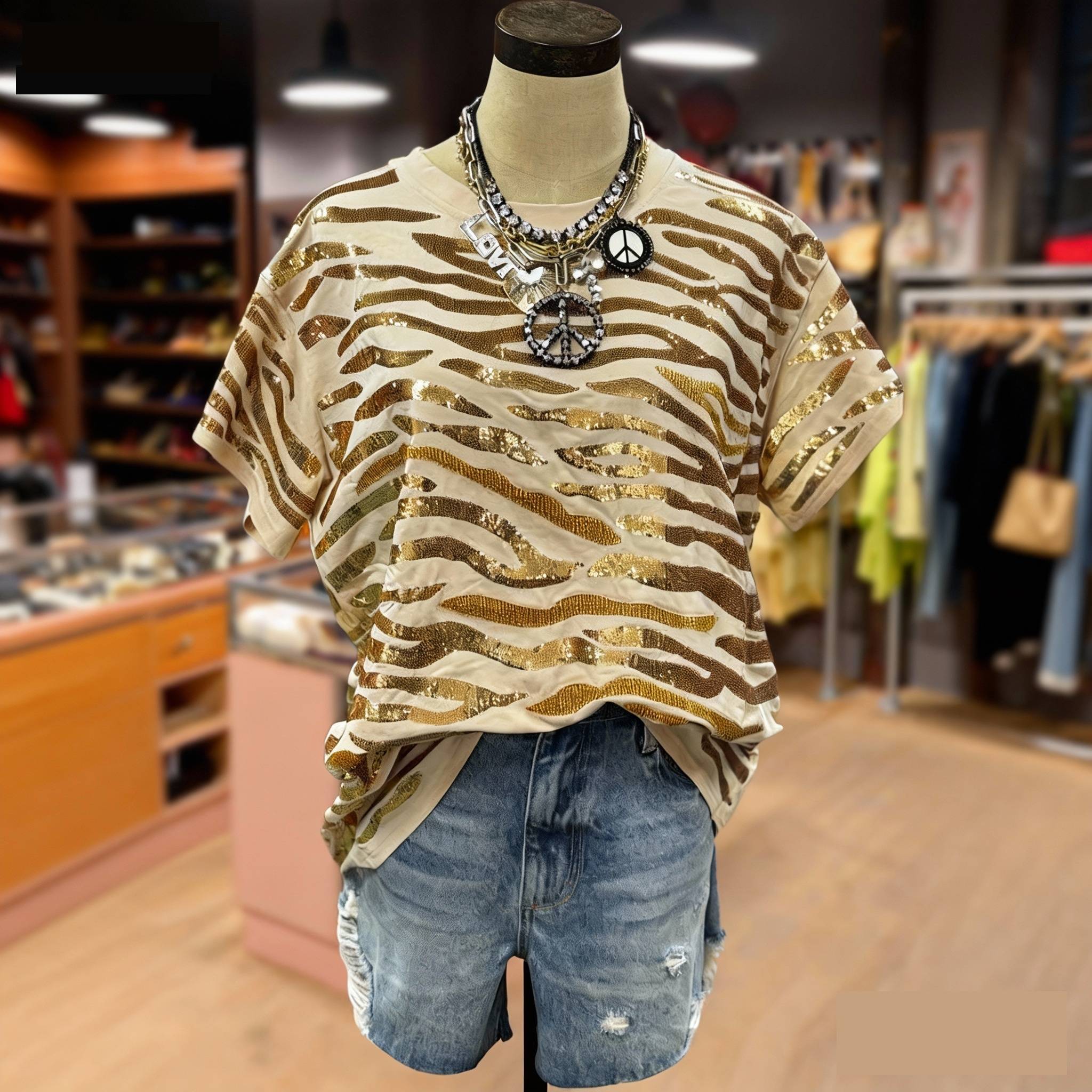 Women's Plus Size Sequin Tiger Pattern Short Sleeve Top