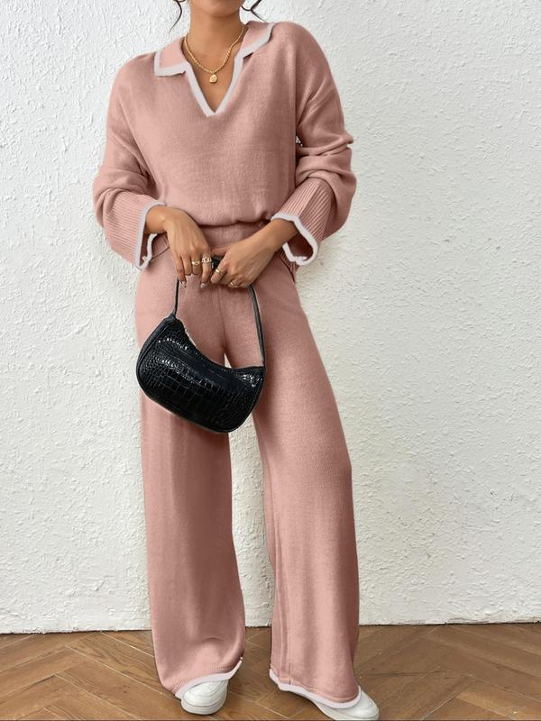 Two-piece Set Women's Contrast Binding DropShoulder Sweater & Straight Leg Pants Set,  Womenswear Casual FashionKnitwear