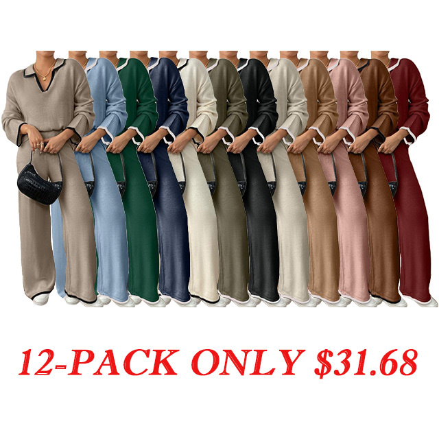 Two-piece Set Women's Contrast Binding DropShoulder Sweater & Straight Leg Pants Set,  Womenswear Casual FashionKnitwear
