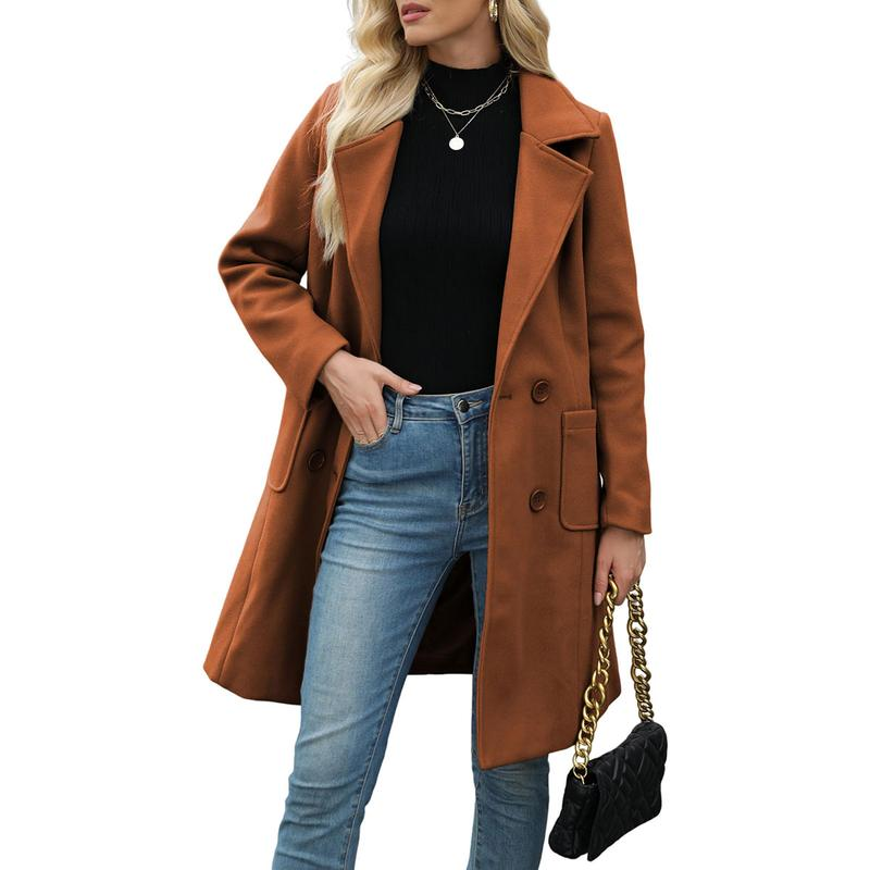🔥Hot Sale!🔥Women's Winter Wool Blend Camel Mid-Long Coat Notch Double-Breasted Lapel Jacket Outwear