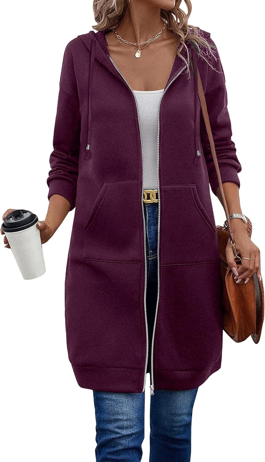 🔥Hot Sale🔥Women's Casual Zip Fleece Hoodie Tunic Sweatshirt Long Hooded Jacket