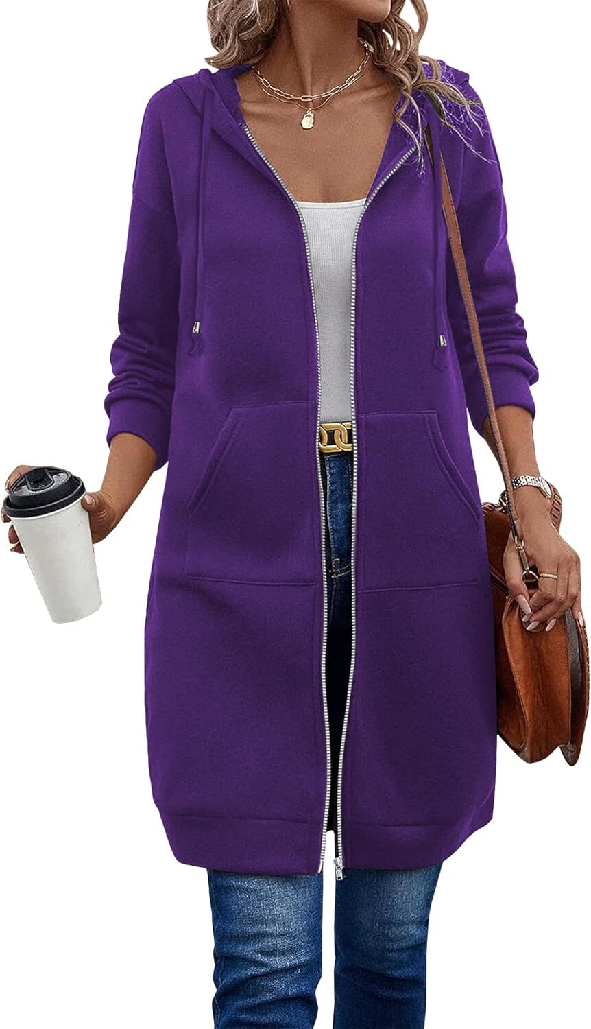 🔥Hot Sale🔥Women's Casual Zip Fleece Hoodie Tunic Sweatshirt Long Hooded Jacket