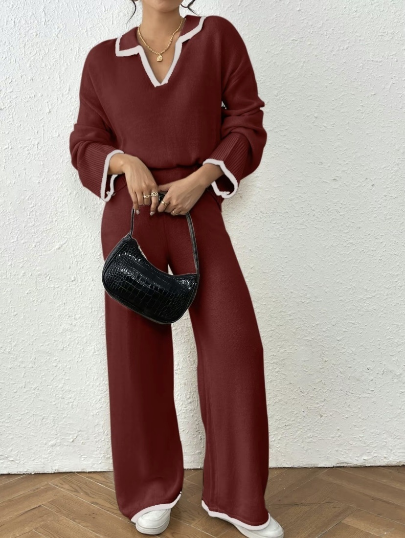 Two-piece Set Women's Contrast Binding DropShoulder Sweater & Straight Leg Pants Set,  Womenswear Casual FashionKnitwear